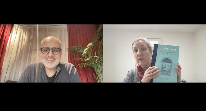 Dishoom co-founder and Guild CMO Michelle Goodall on a Zoom meeting sharing favourite stories, poetry and recipes from the Dishoom cookery book