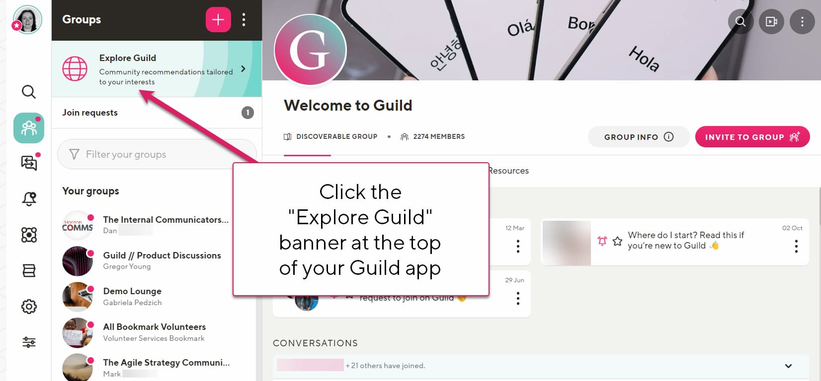 A screenshot of the Guild desktop app with "Explore Guild" highlighted 