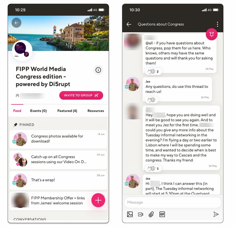 Two mobile phone screens showing the FIPP and Di5rupt World Media Congress community on Guild