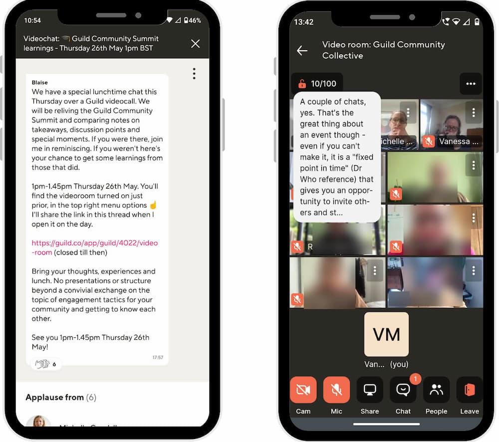 Two mobile phone screens showing a community arranging a post-event chat by video
