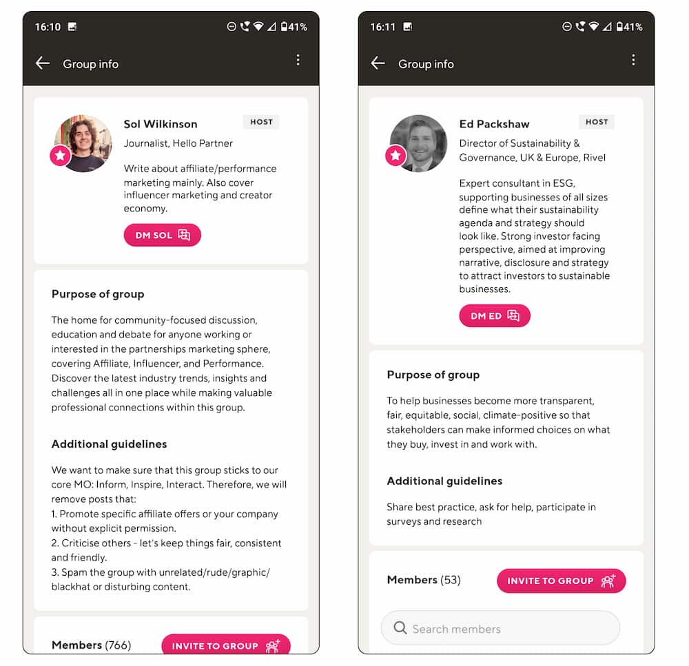 Two mobile phone screens showing Purpose and Additional Guidelines for communities on Guild