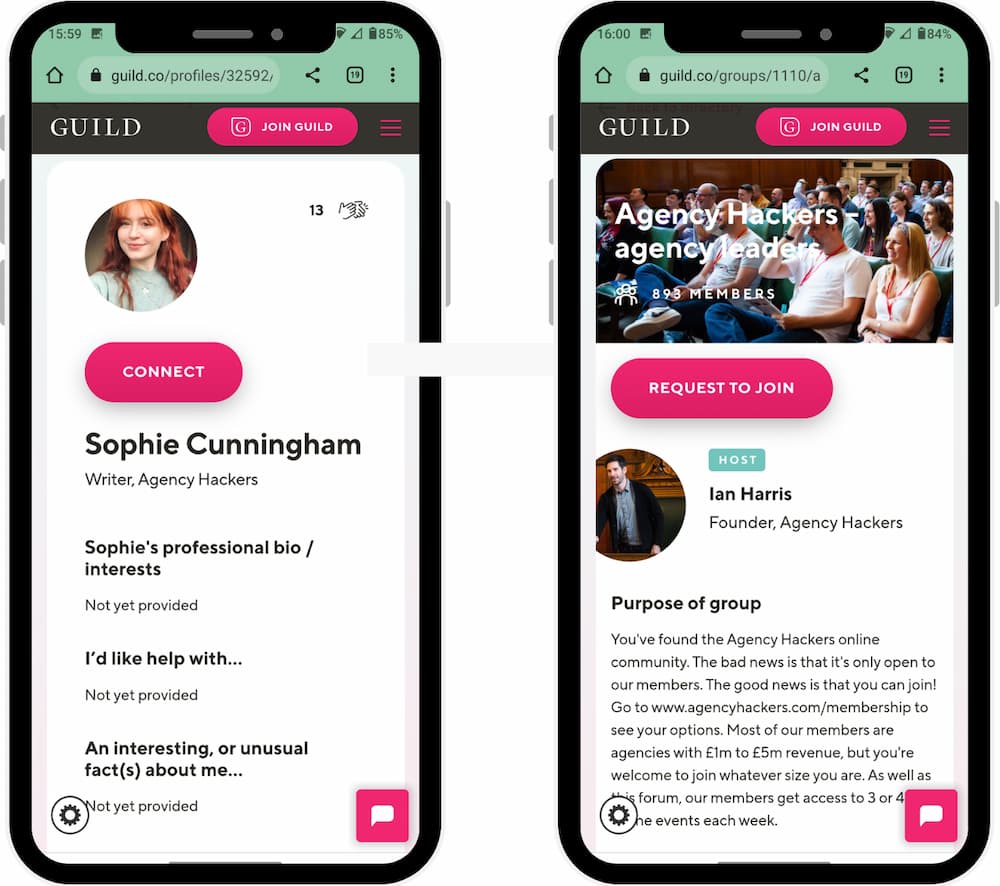 Mobile phone screenshots showing Sophie Cunningham profile and Agency Hackers listing on the Guild community platform