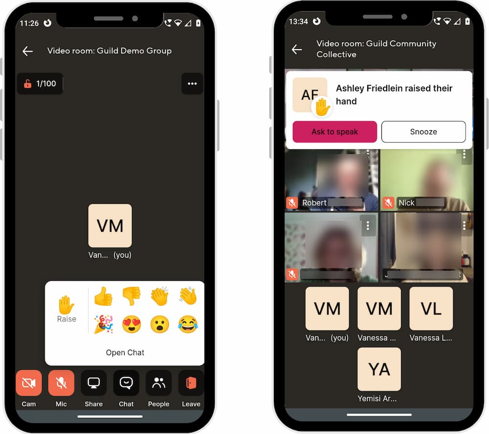 Reactions and hand raising on Video Room on Guild
