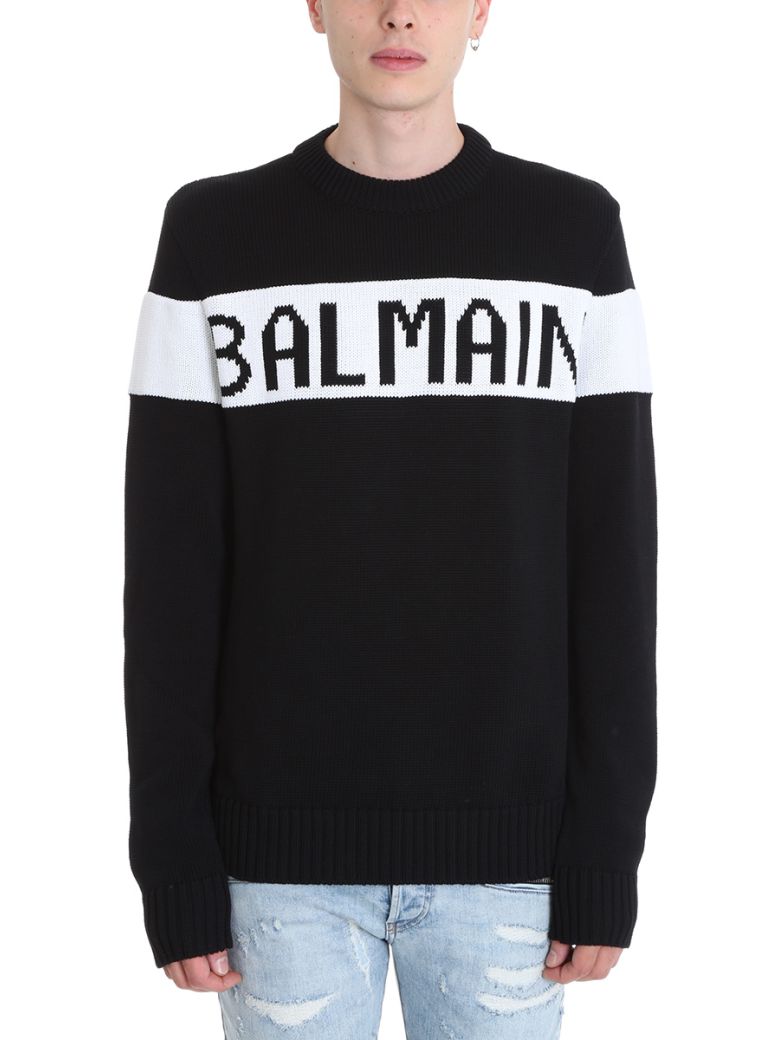 balmain black intarsia logo crewneck sweater