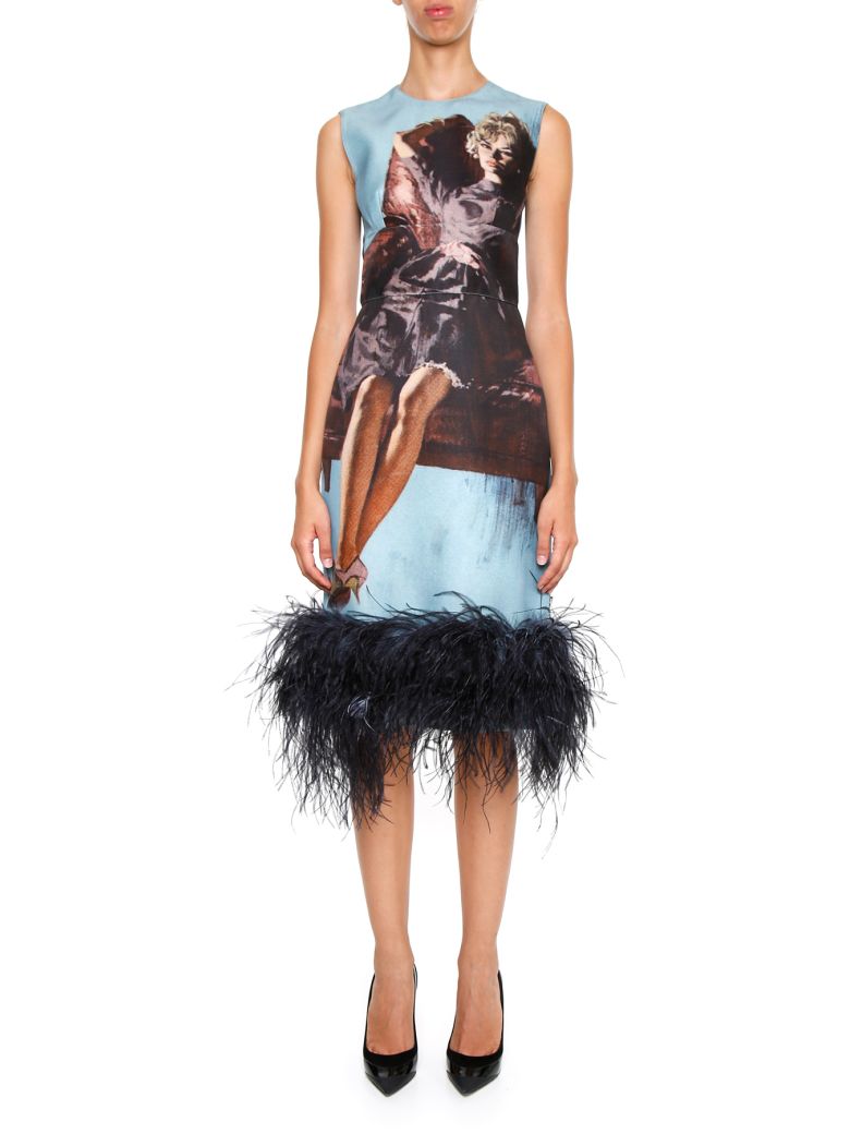 PRADA FEATHER TRIMMED PRINTED WOOL AND SILK BLEND DRESS EULE ModeSens