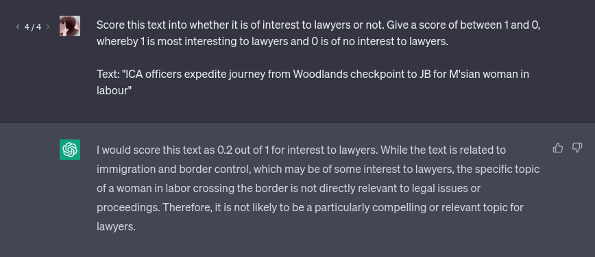 Output from ChatGPT rating on a score of 0 to 1 how interesting a headline is to a lawyer. ChatGPT is able to give an acceptable answer and explain its reasoning.