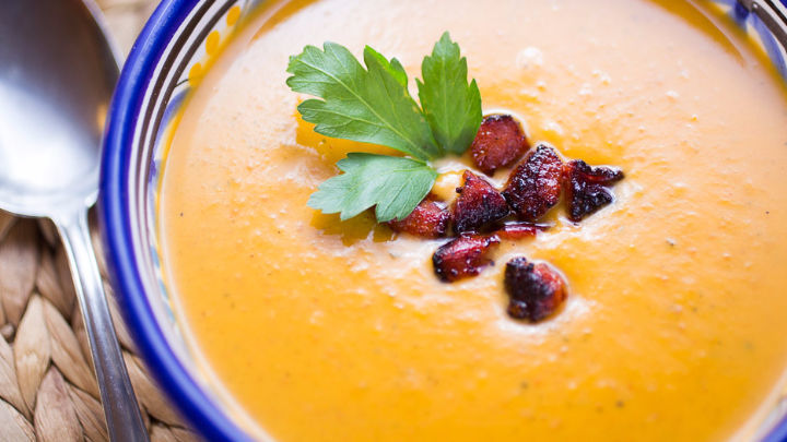 This pumpkin and chorizo soup has the wow factor.