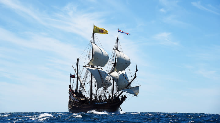 The Duyfken in full sail.