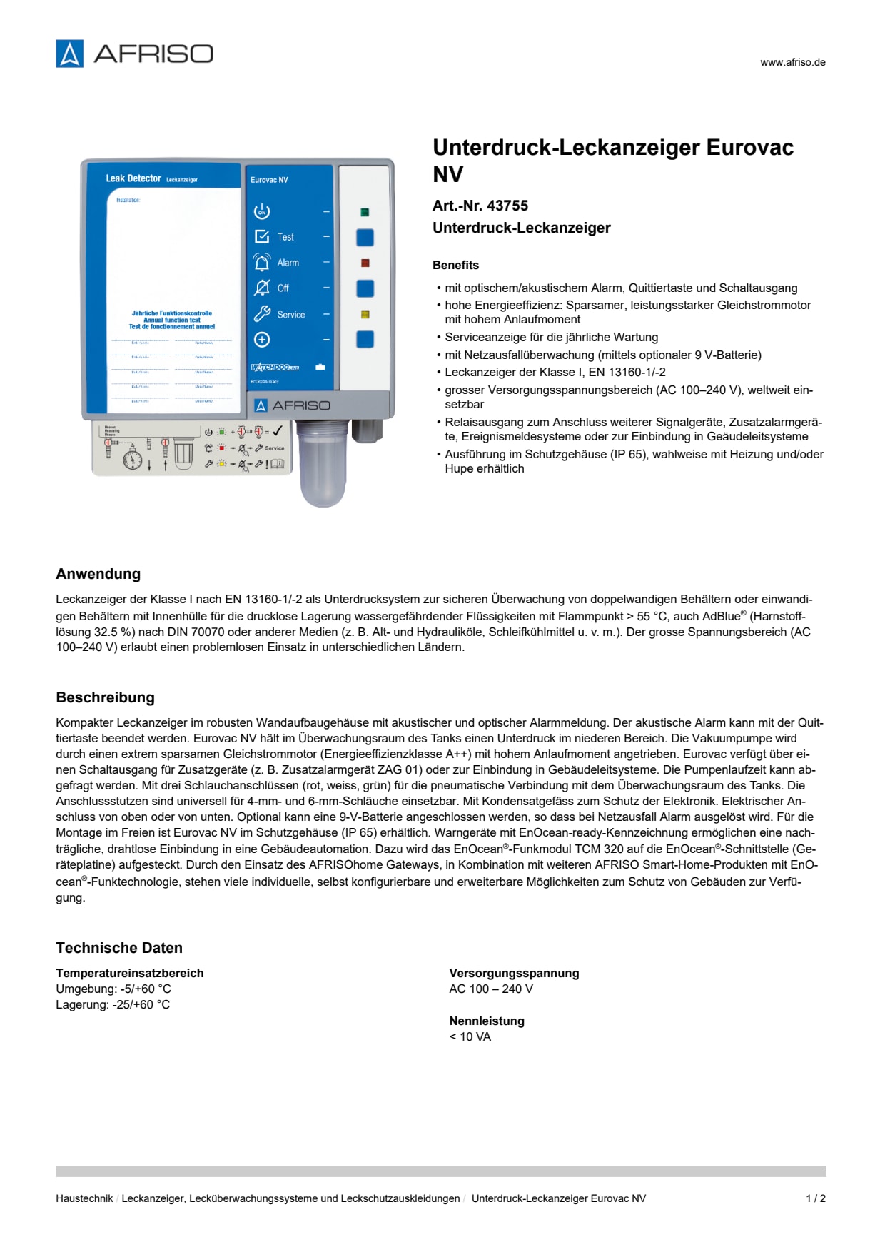 AFRISO_UNTERDRUCK-LECKANZEIGER-EUROVAC-NV-UNTERDRUCK-LECKANZEIGER_43755_DEU_CHE.PDF