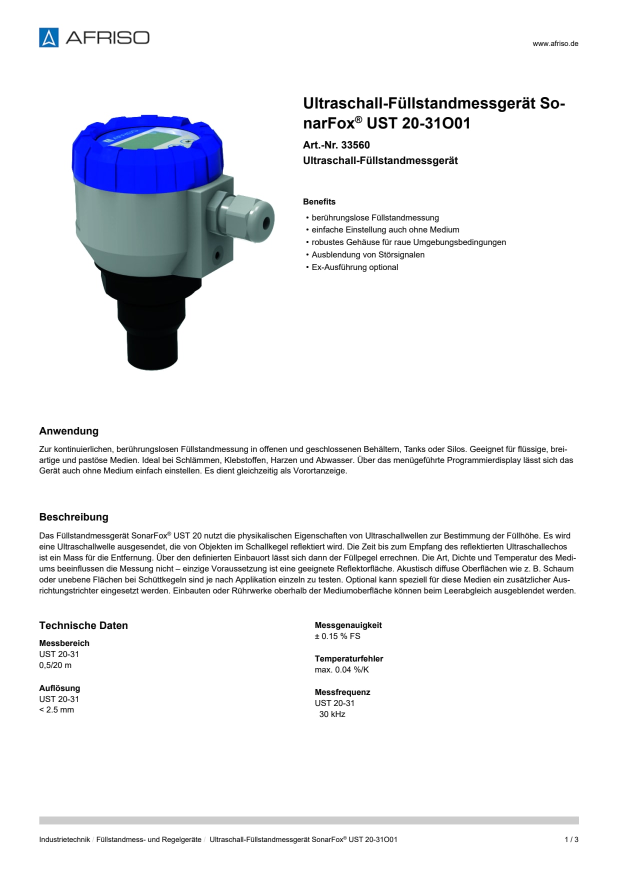AFRISO_ULTRASCHALL-FUELLSTANDMESSGERAET-SONARFOX--UST-20-31O01-ULTRASCHALL-FUELLSTANDME_33560_DEU_CHE.PDF