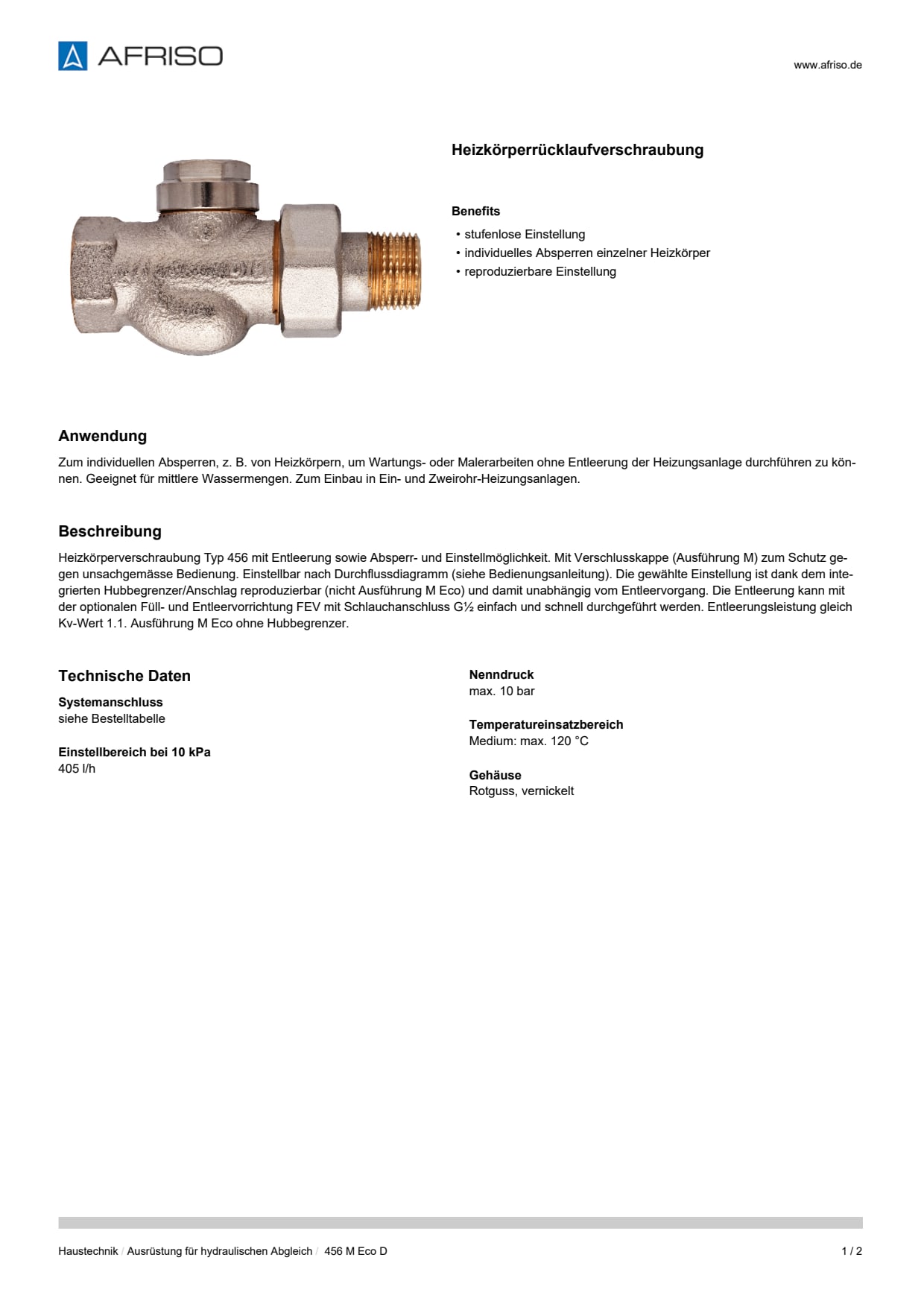 AFRISO_DATENBLATT_HEIZKOERPERRUECKLAUFVERSCHRAUBUNG_456-M-ECO-D_P9196_DEU_CHE.PDF