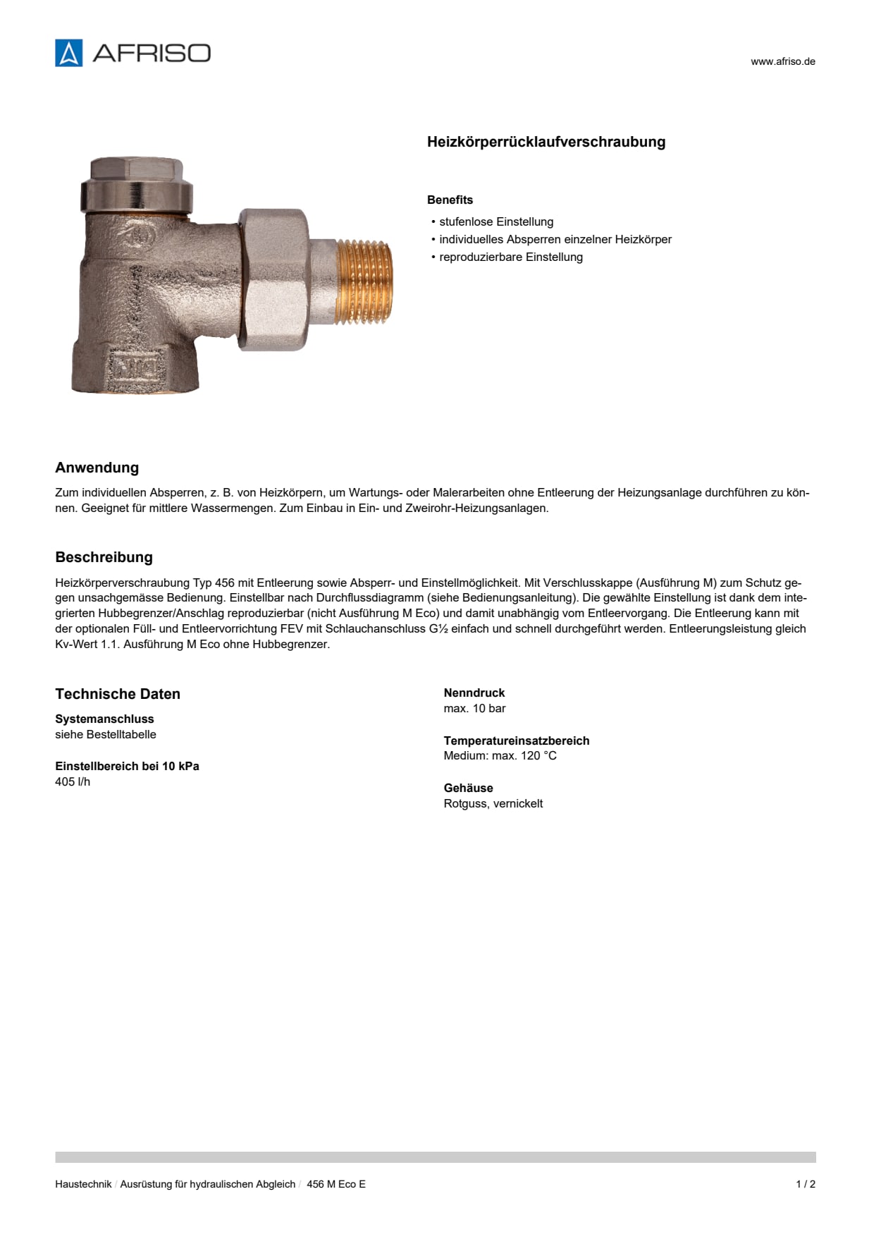 AFRISO_DATENBLATT_HEIZKOERPERRUECKLAUFVERSCHRAUBUNG_456-M-ECO-E_P9192_DEU_CHE.PDF