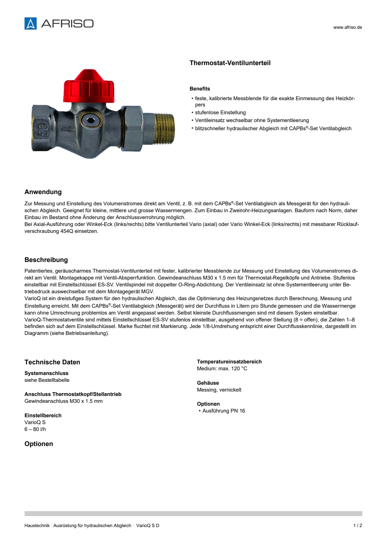 AFRISO_DATENBLATT_THERMOSTAT-VENTILUNTERTEIL_VARIOQ-S-D_P9108_DEU_CHE.PDF