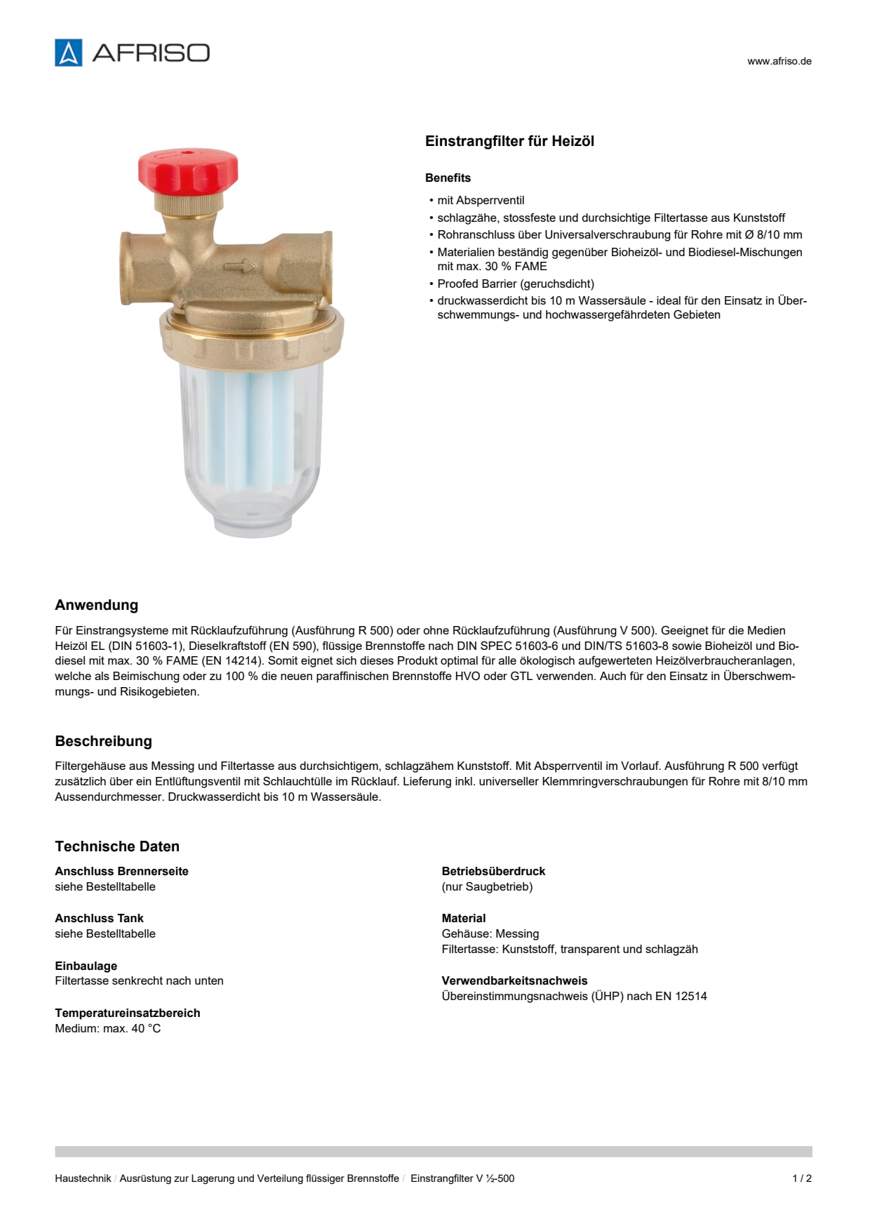 AFRISO_DATENBLATT_EINSTRANGFILTER-FUER-HEIZOEL_EINSTRANGFILTER-V-1-2-500_P31646_DEU_CHE.PDF
