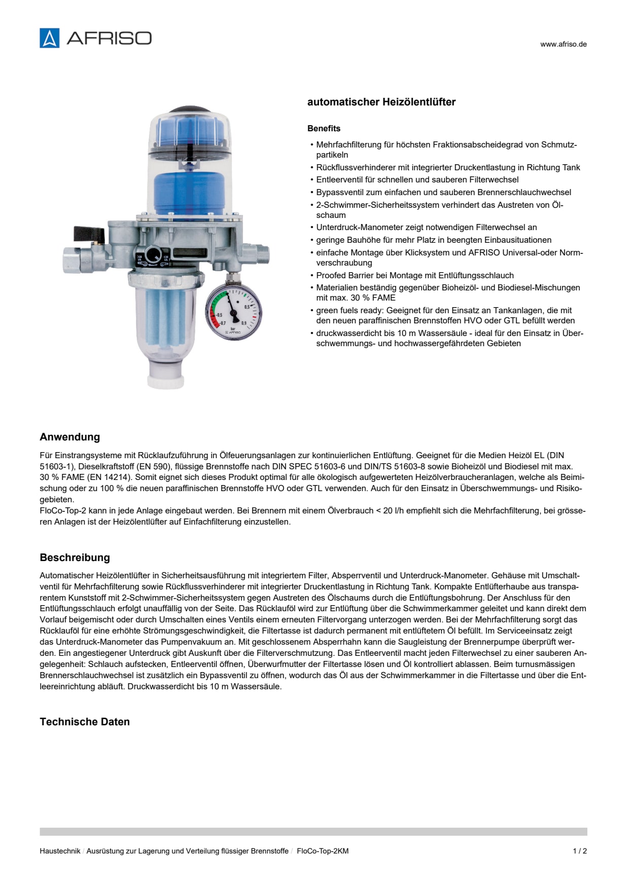 AFRISO_DATENBLATT_AUTOMATISCHER-HEIZOELENTLUEFTER_FLOCO-TOP-2KM_P31630_DEU_CHE.PDF