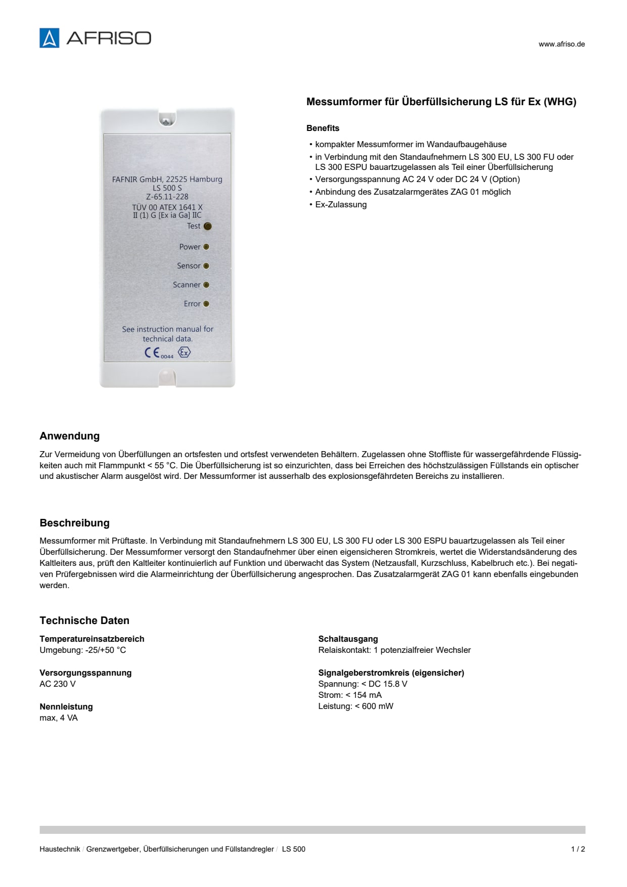 AFRISO_DATENBLATT_MESSUMFORMER-FUER-UEBERFUELLSICHERUNG-LS-FUER-EX--WHG-_LS-500_P31198_DEU_CHE.PDF