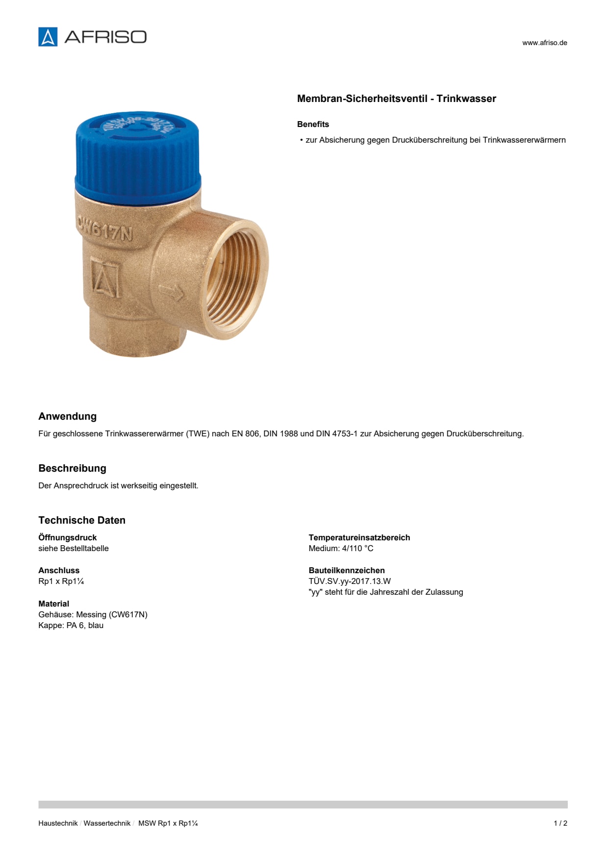 AFRISO_DATENBLATT_MEMBRAN-SICHERHEITSVENTIL--TRINKWASSER_MSW-RP1-X-RP1-1-4_P31867_DEU_CHE.PDF
