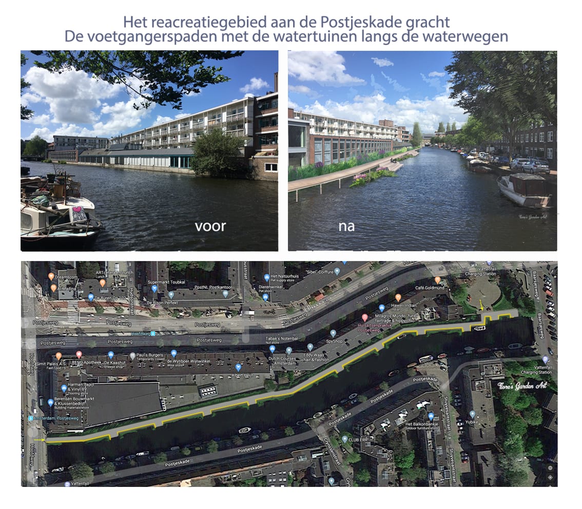 Recreation area at Postjeskade. Pedestrian paths with the water gardens along the waterways in Amsterdam.