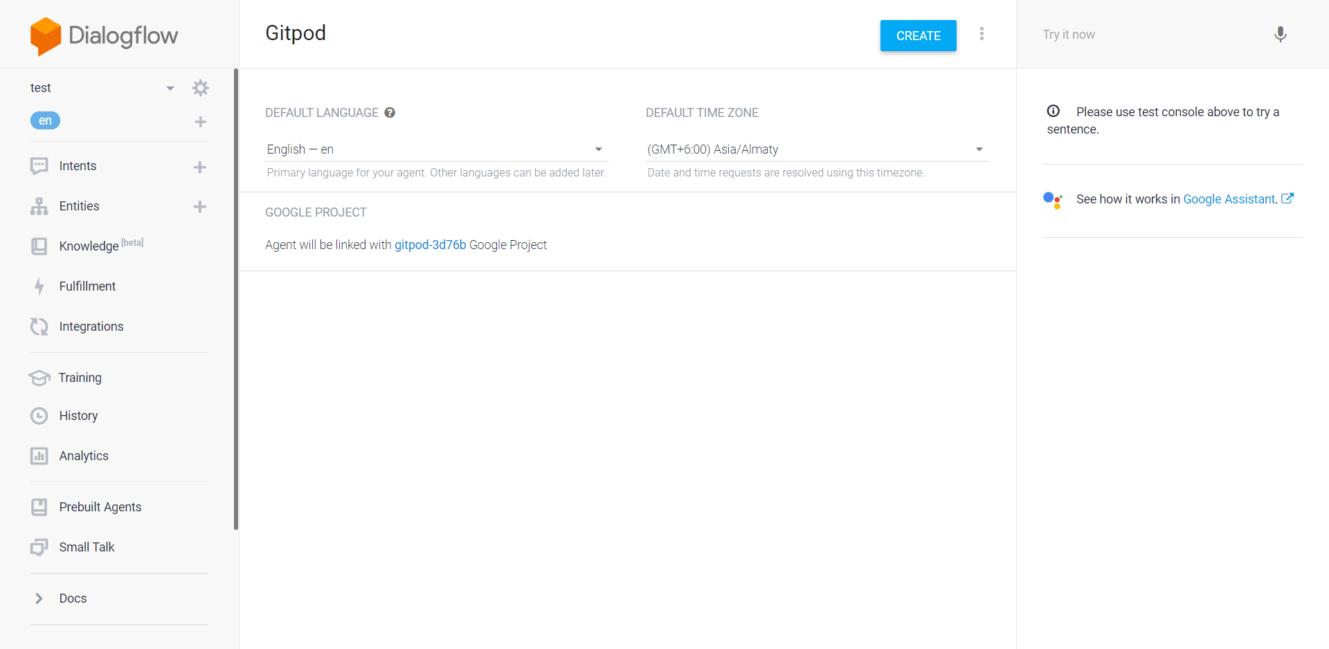 Dialogflow console