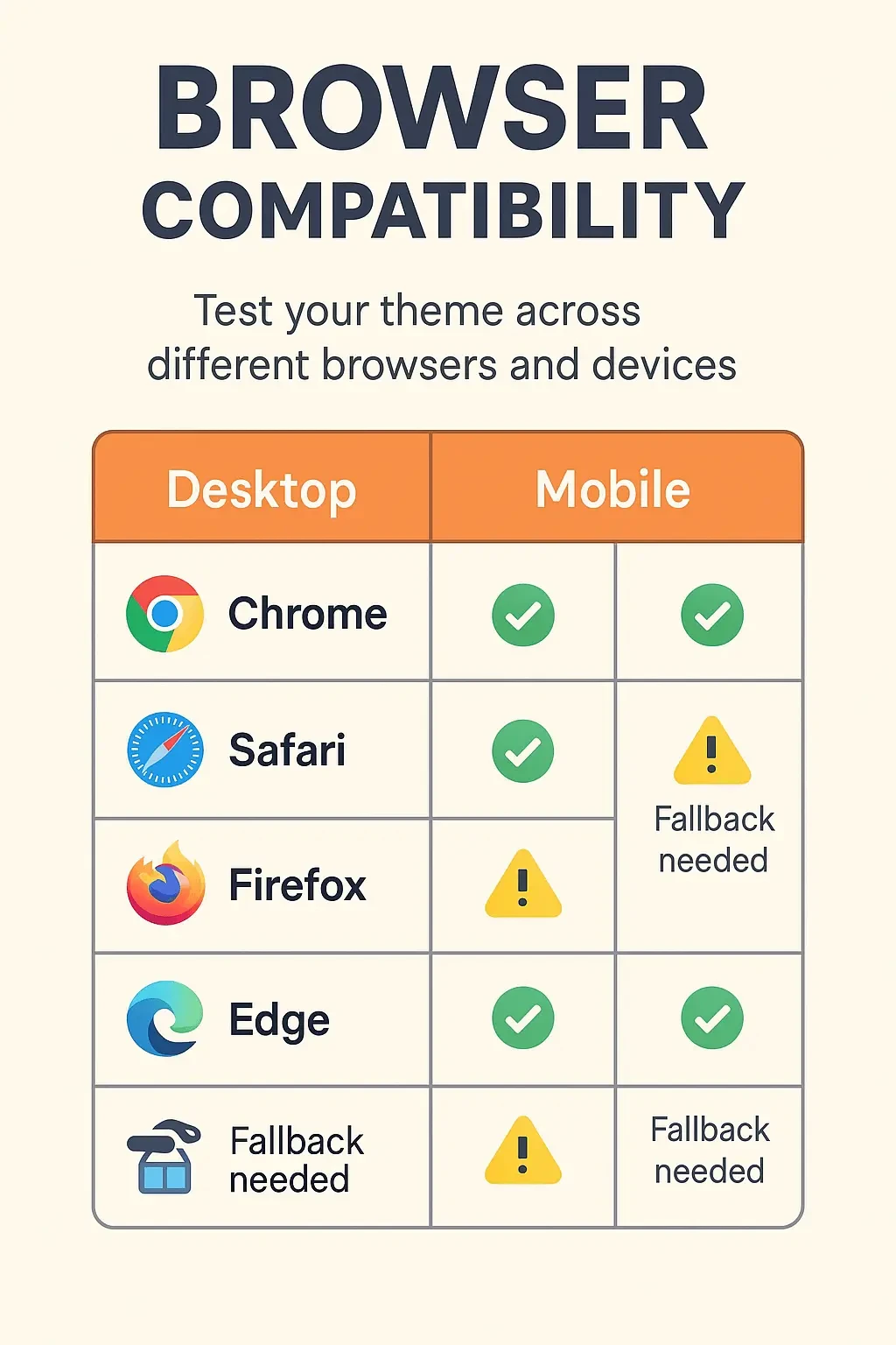 Compatibility chart for Chrome, Safari, Firefox, and Edge on desktop and mobile, showing where fallbacks are needed.