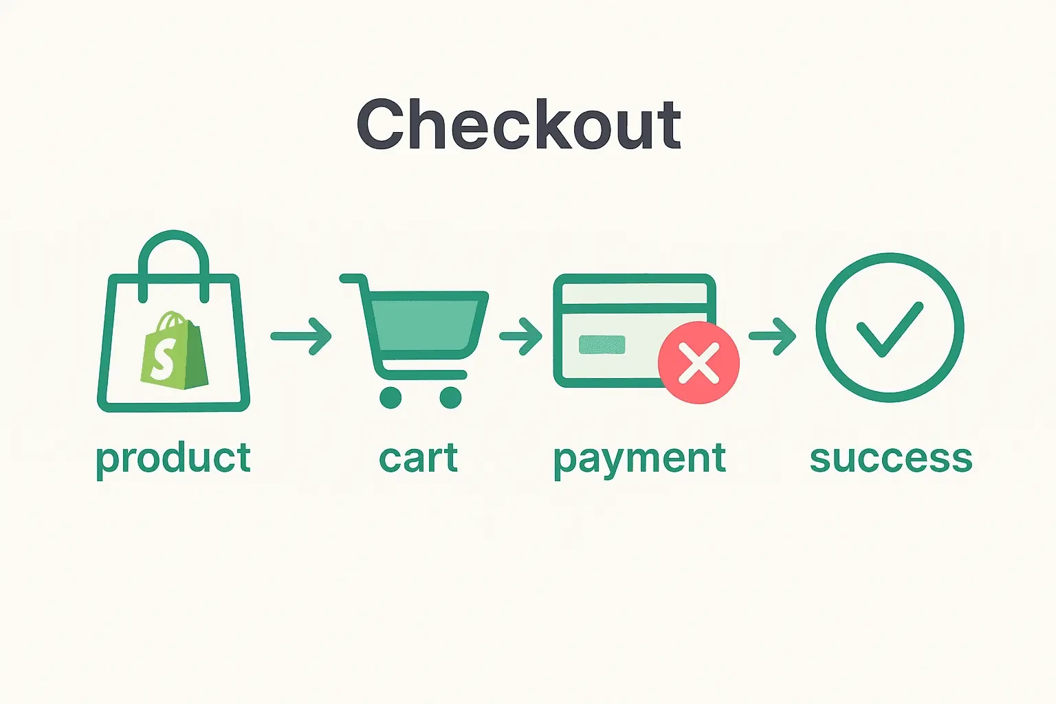 Flat infographic showing a four-step checkout process from product page to success, with a red X at the payment step indicating failure.