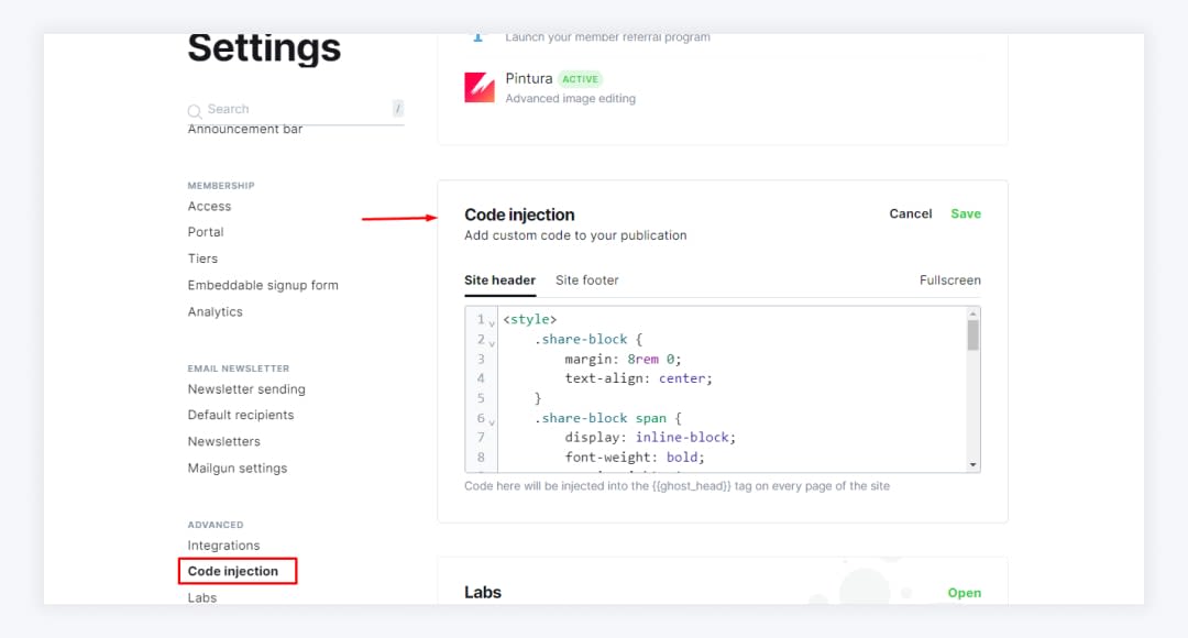 ghost Code injection settings