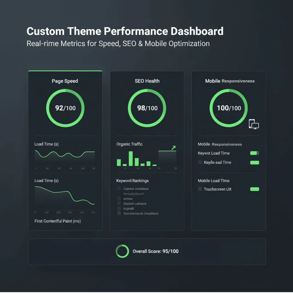 Dashboard with scores: page speed 92/100, SEO health 98/100, mobile responsiveness 100/100, overall 95/100.