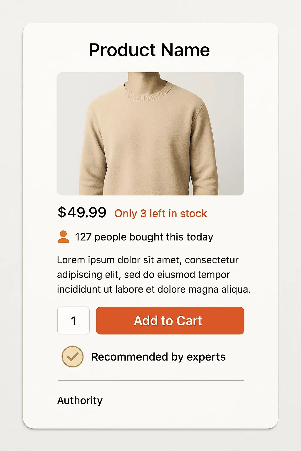 Product page mockup highlighting psychological triggers including stock counters, recent purchase notifications, and expert endorsement badges.