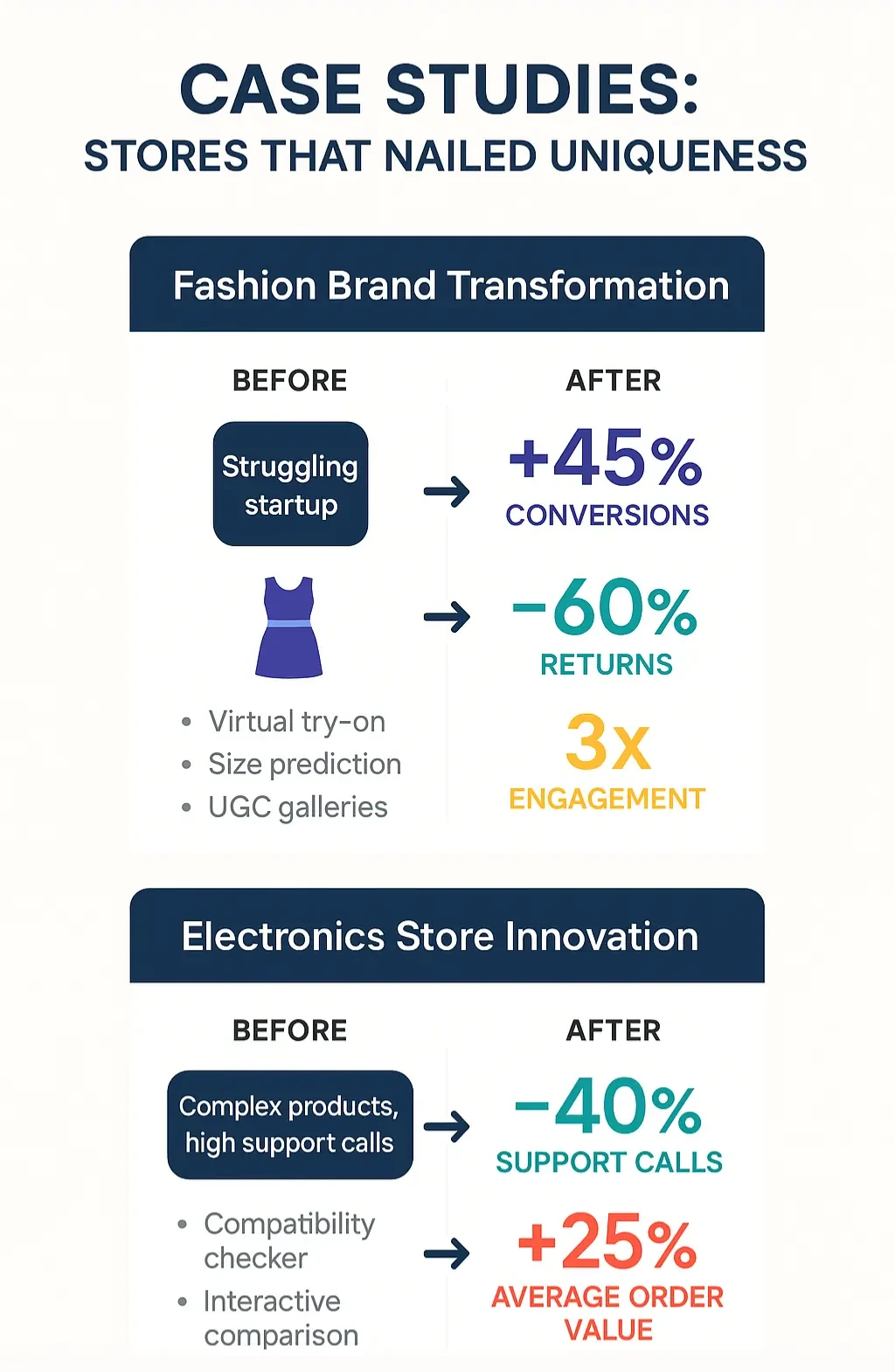 Case study infographic comparing before/after results for fashion and electronics stores, showing higher conversions, fewer returns, better engagement, reduced support calls, and higher order values.