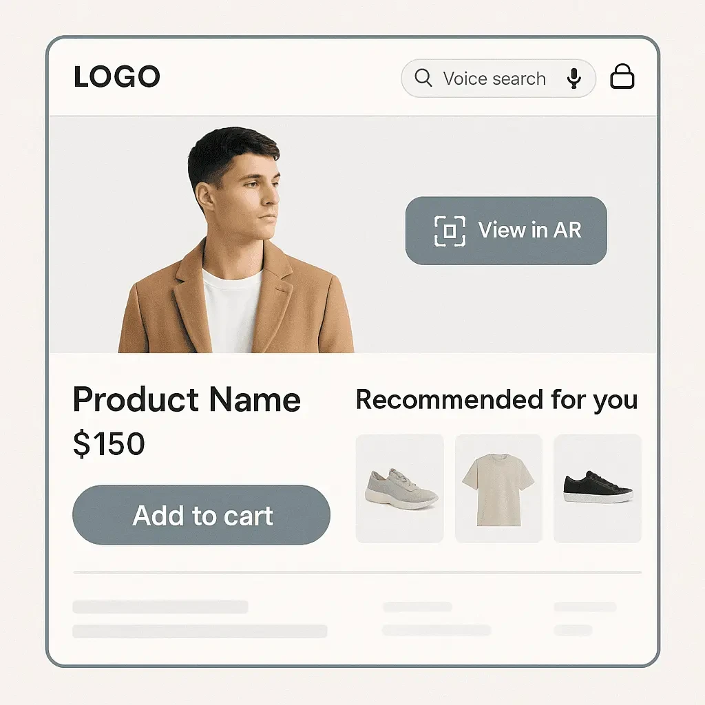 Modern Shopify store interface featuring augmented reality product preview, voice search functionality, and AI-powered recommendations.