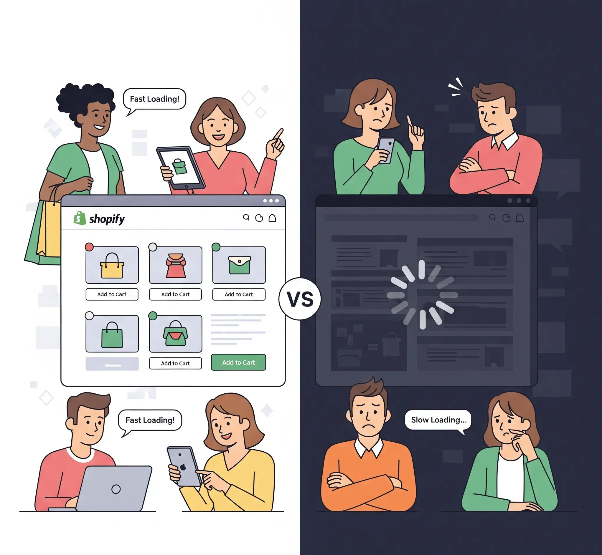 Split-screen illustration of fast-loading and slow-loading Shopify stores, showing customer reactions in vibrant flat style.