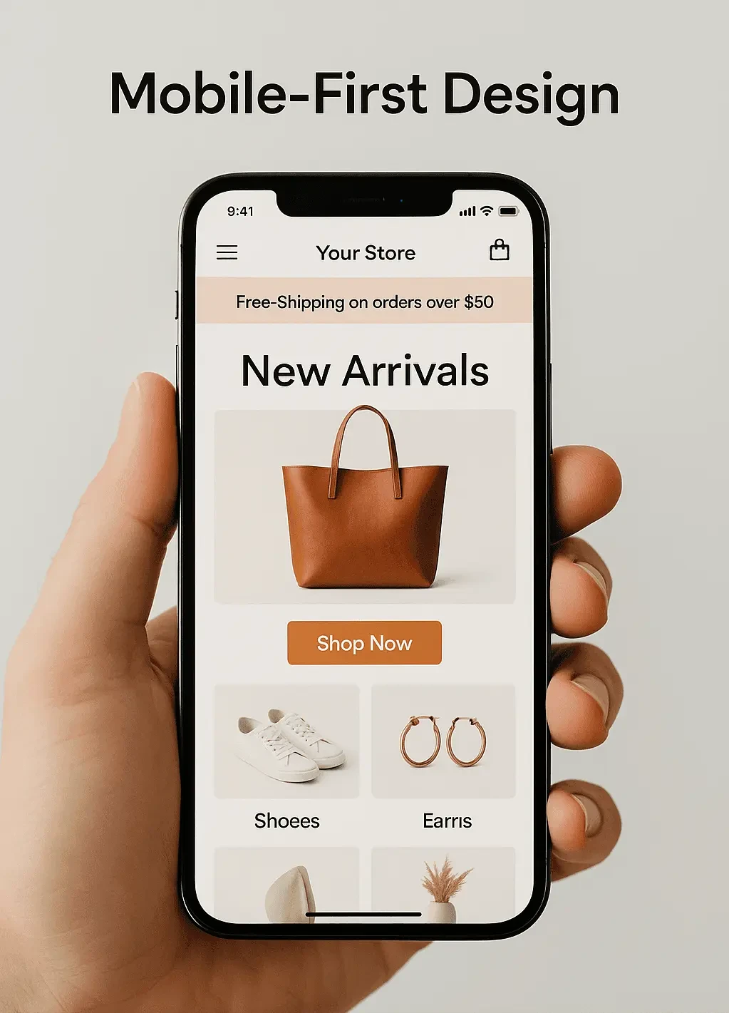 Mobile phone displaying user-friendly Shopify store interface with optimized touch elements.