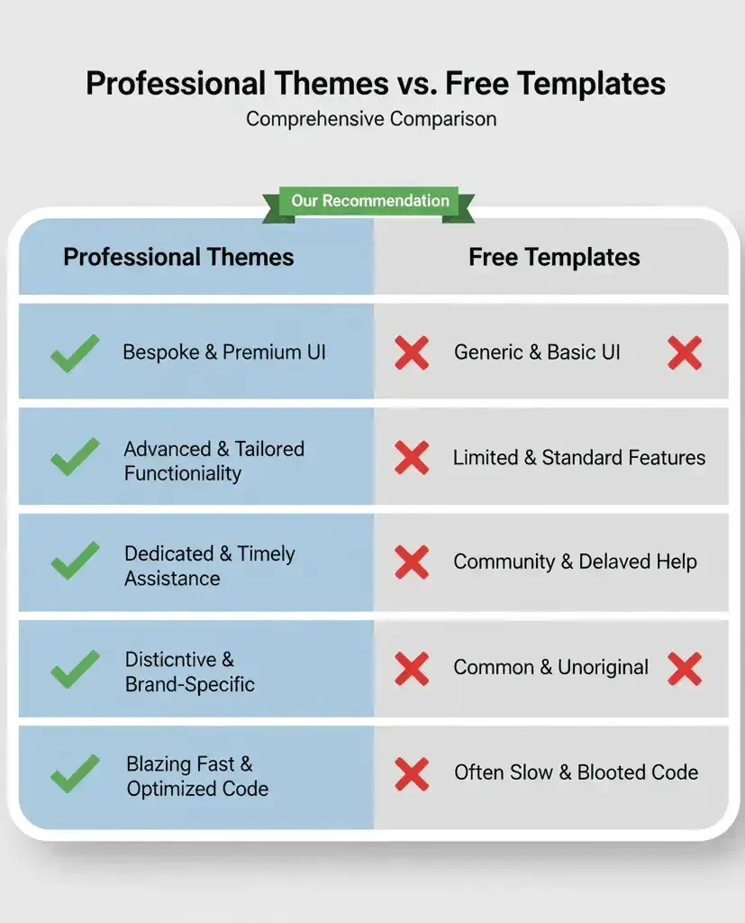 Comparison table: professional themes offer premium UI, advanced features, timely support, brand-specific design, and fast code; free templates have limited features and slow code.