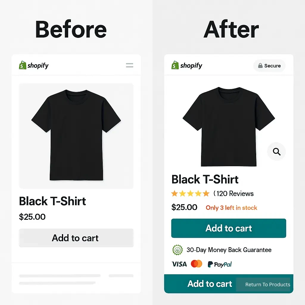 Before and after Shopify product page comparison, showing left side without high-converting features and right side enhanced with social proof, quick view, sticky cart button, urgency message, and trust badges.