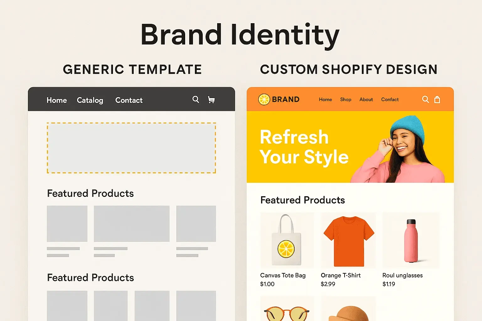 Brand identity comparison between generic template and custom Shopify design highlighting unique elements.