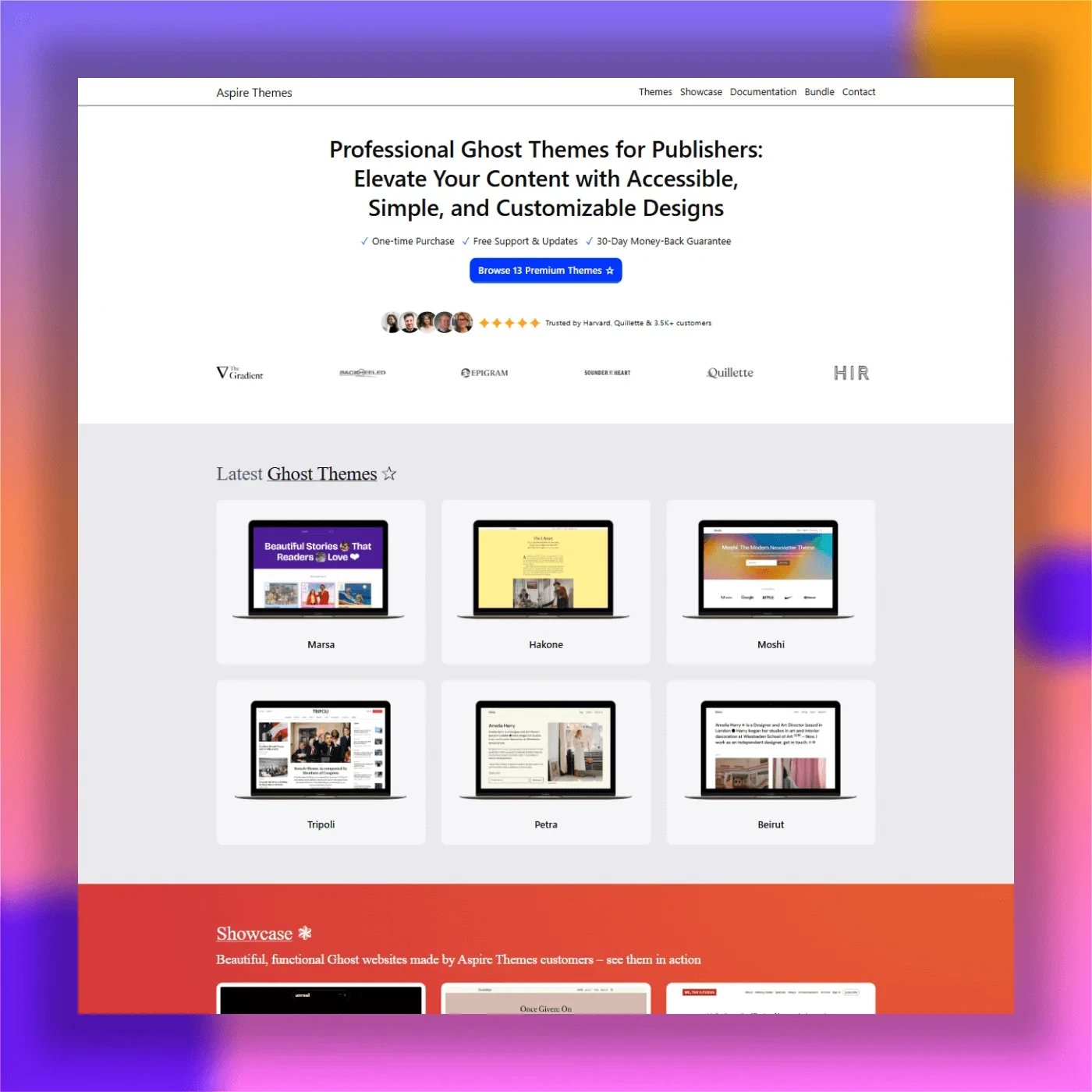 Aspire Themes website featuring their latest professional Ghost themes for publishers: Marsa, Hakone, Moshi, Tripoli, Petra, and Beirut.