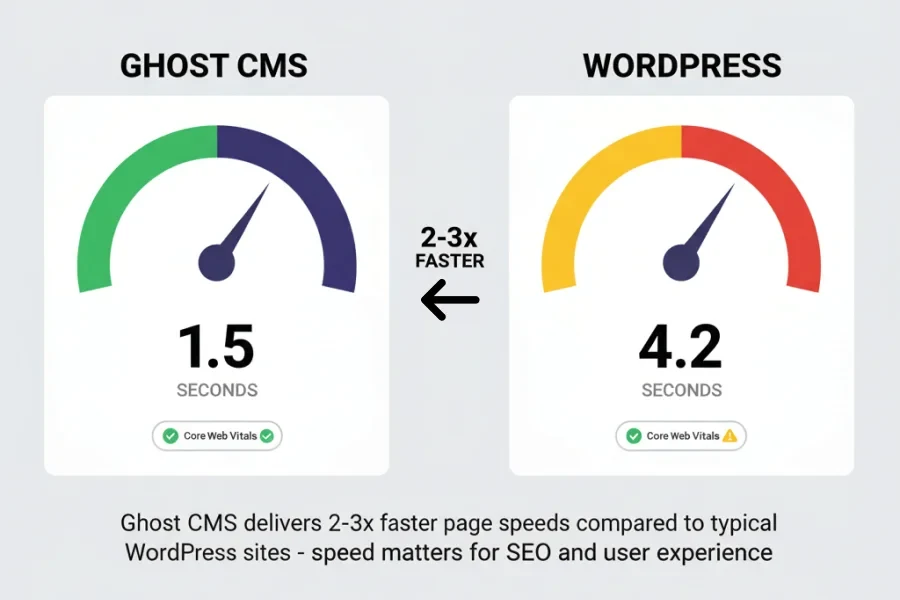 Speed test comparison showing Ghost CMS loading in 1.5 seconds versus WordPress loading in 4.2 seconds for similar blog sites