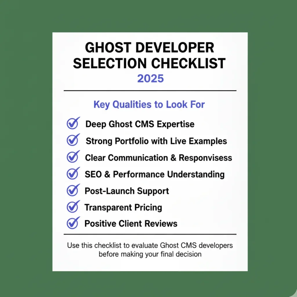 Infographic checklist showing 7 key qualities to look for when hiring a Ghost theme developer in 2025