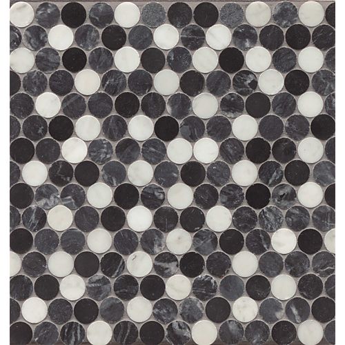 Mod Rocks 1" Blended Mod Dots Honed Marble Mosaic in Flannel, Ebony & White Carrara
