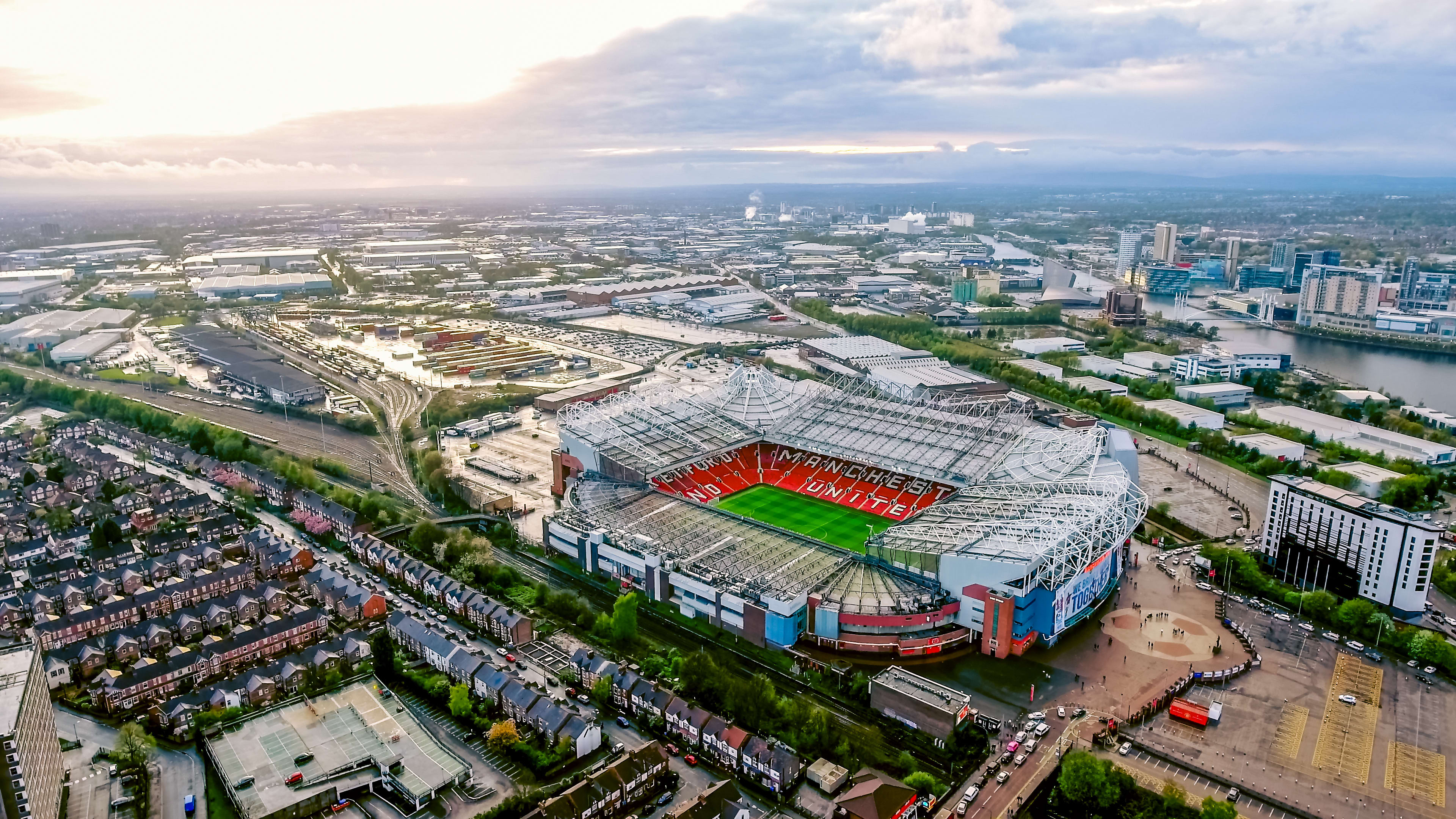 Birdseye view of Old Trafford Stadium and the surrounding areas