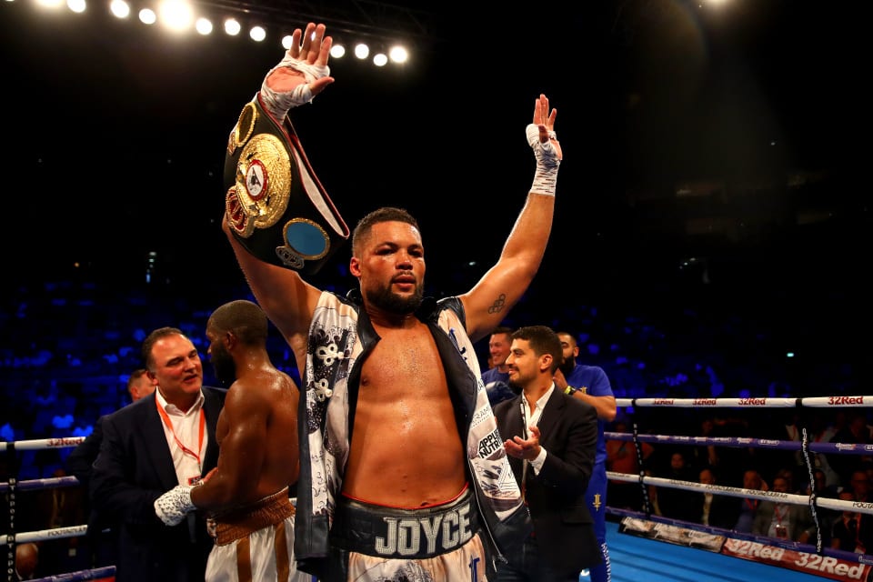 Joe Joyce holds his hands high in celebration after his victory over Bryant Jennings in 2019