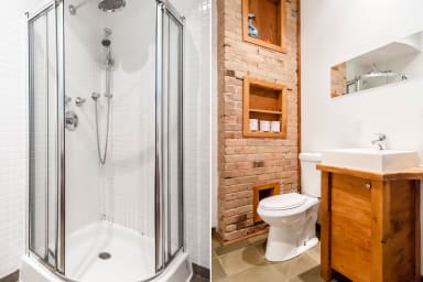 Bath and Shower. Pure lines, warm and natural materials (brick, wood, slate).