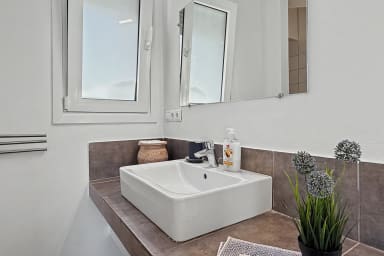 Meuble vasque lumineux, lavabo moderne et touche de verdure.