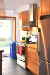 the kitchen offers a view on the backyard.