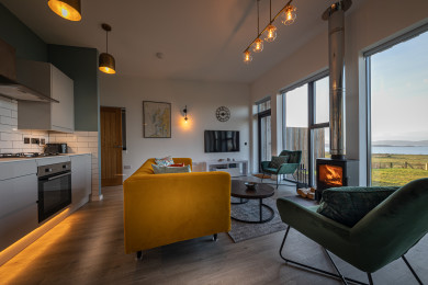 Comfy seating amazing views fireplace