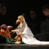 Macbeth, Lady Macbeth and puppeteers Claire Harvey, Lori Hopkins and Lowri James