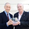 Nick Hytner is presented the crystal rose bowl by Jeffery Taylor, president of the Critics' Circle, and Mark Shenton, chair of the drama section