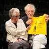 Leonie Orton, administrator of the Joe Orton estate, and Sir Ian McKellen, a supporter of the statue campaign