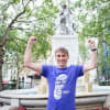Steve Ball at the finishing line in Leicester Square