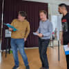 John Goodrum (Timothy Davies), David Martin (Brian Stevens) and Pavan Maru (Arun Anthony) in rehearsal for As It Comes!